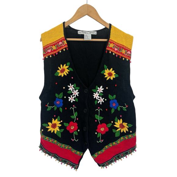 Vintage 90s Ugly Sweater Vest Poinsettia Large Victoria Jones Floral Beaded - Picture 1 of 5